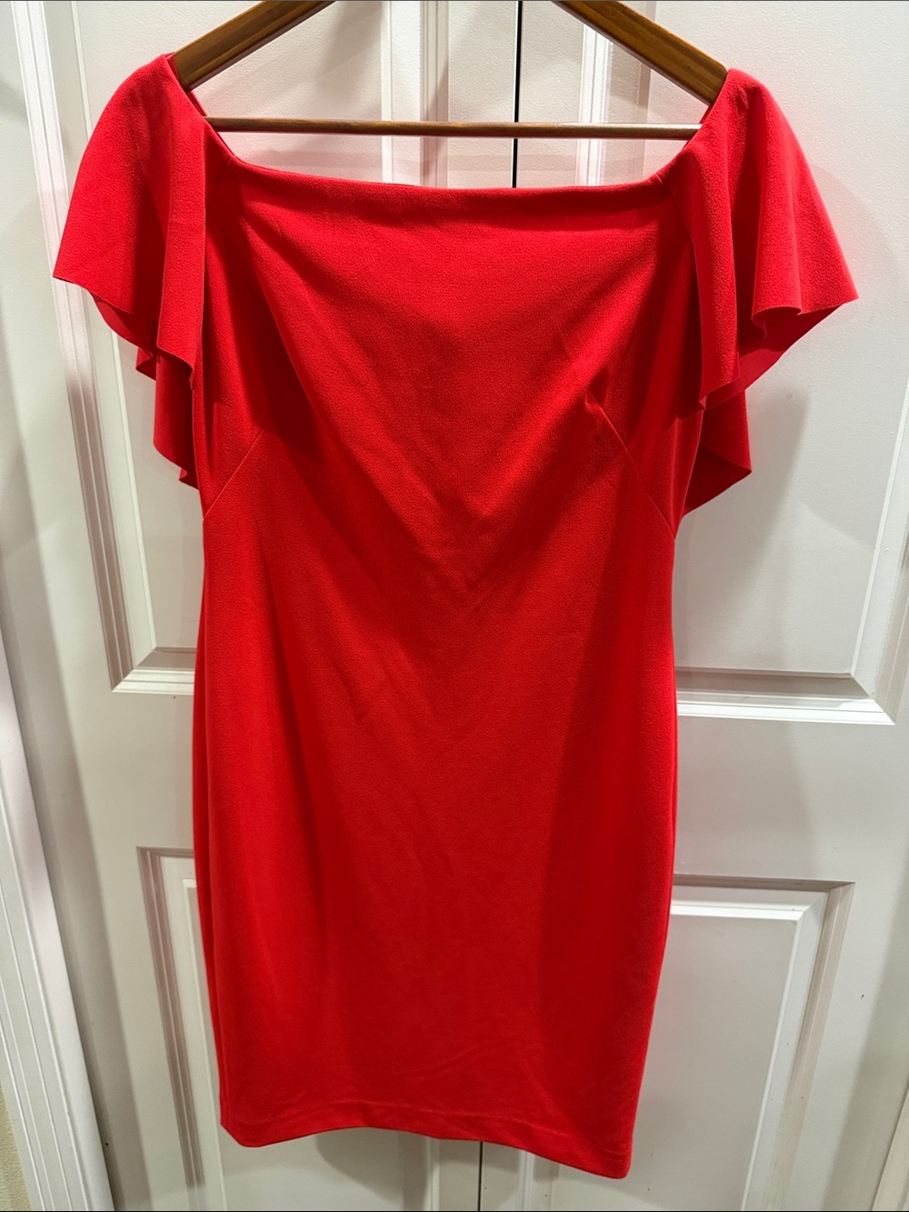 Ralph Lauren Red Off-Shoulders Sheath Cocktail Dress Ruffle Sleeves size 4